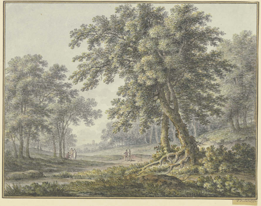 Waldpartie mit zwei Figurengruppen de Johann Heinrich Müntz