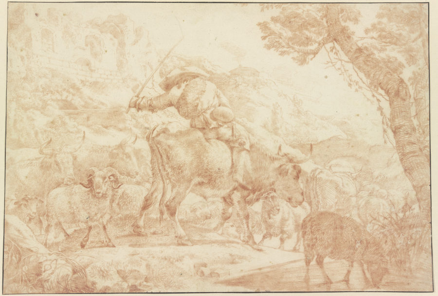 Ein auf einem Ochsen reitender Hirte treibt seine Herde heimwärts de Johann Heinrich Roos