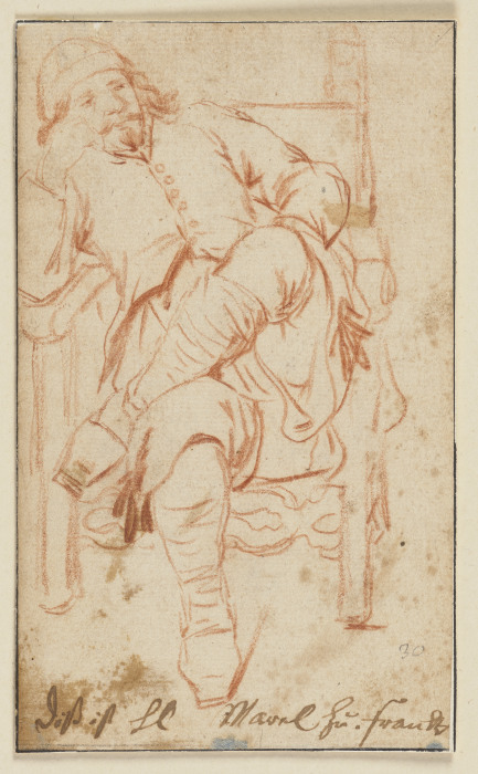Ein Mann mit übereinandergeschlagenen Beinen auf einem Stuhl sitzend de Johann Heinrich Roos