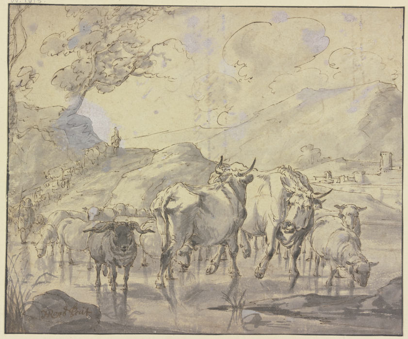Eine Herde von Rindern und Schafen kommt einen Bergpfad herab zur Tränke de Johann Heinrich Roos
