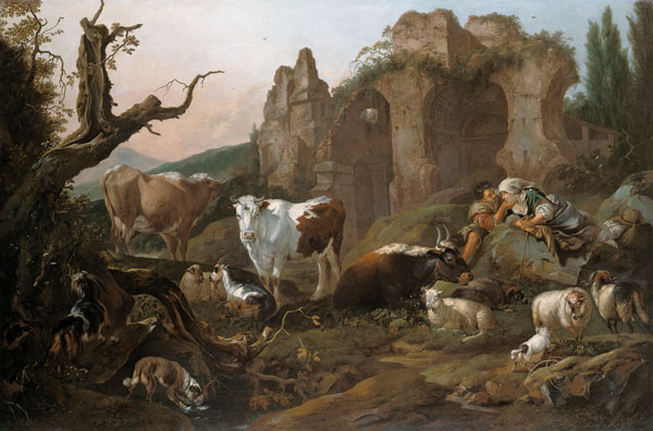 Farm animals in a landscape de Johann Heinrich Roos