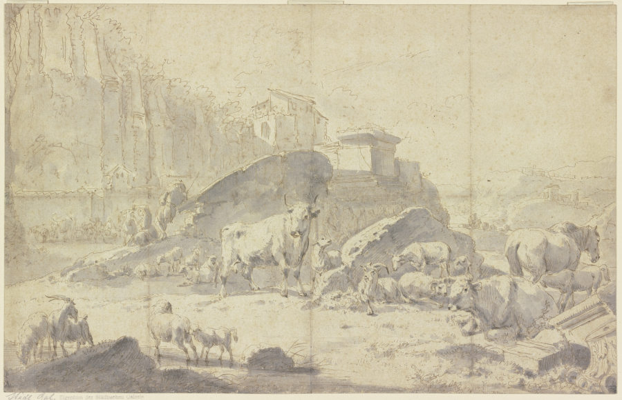 Herde von Ziegen, Schafen, Kühen und Pferden in einer italienischen Berglandschaft mit Ruinen de Johann Heinrich Roos