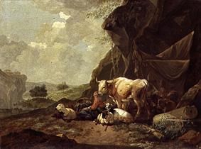 Shepherds and herds under rocks de Johann Heinrich Roos