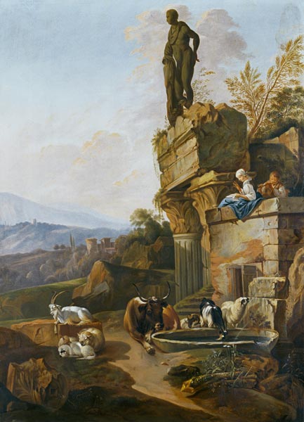 Landschaft mit Tempelruine in Abendstimmung de Johann Heinrich Roos