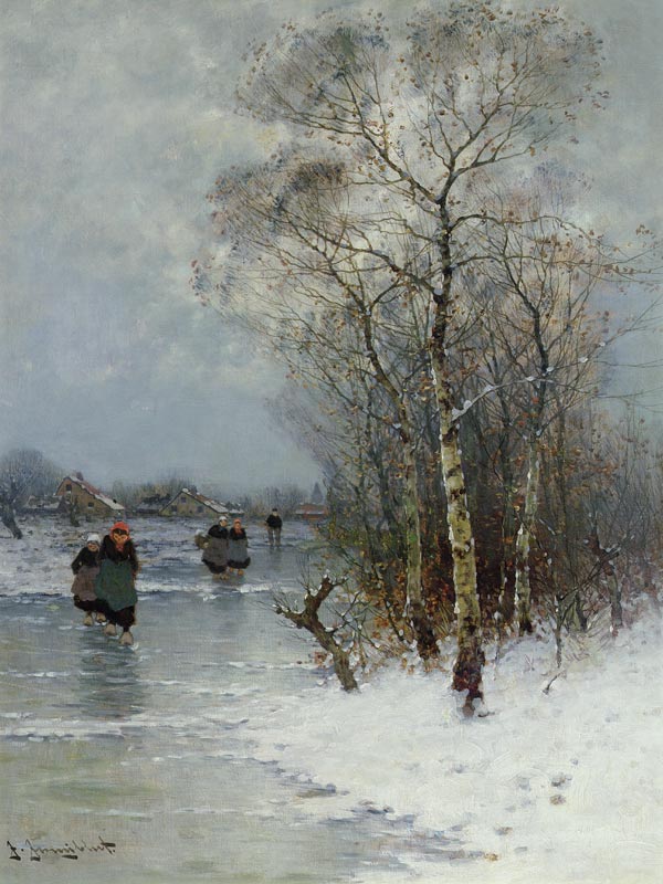 Girls Walking on a Frozen River de Johann II Jungblut
