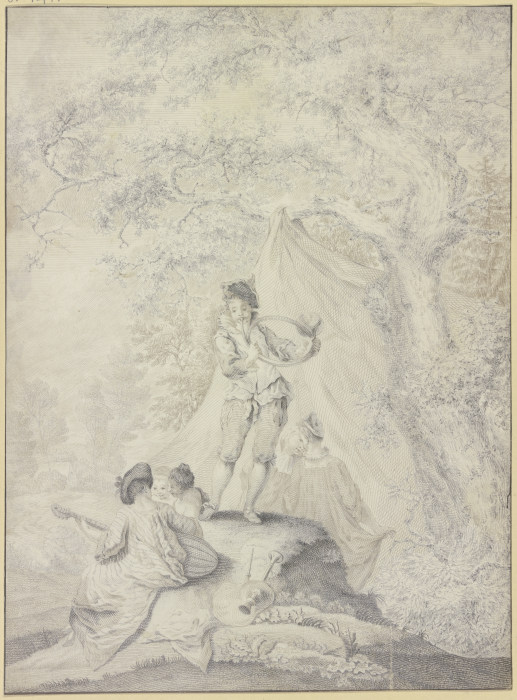 Ruhendes Paar unter einem Zelt an einem Eichenbaum, links eine Lautenspielerin mit zwei jungen Fraue de Johann Jacob Ebersbach