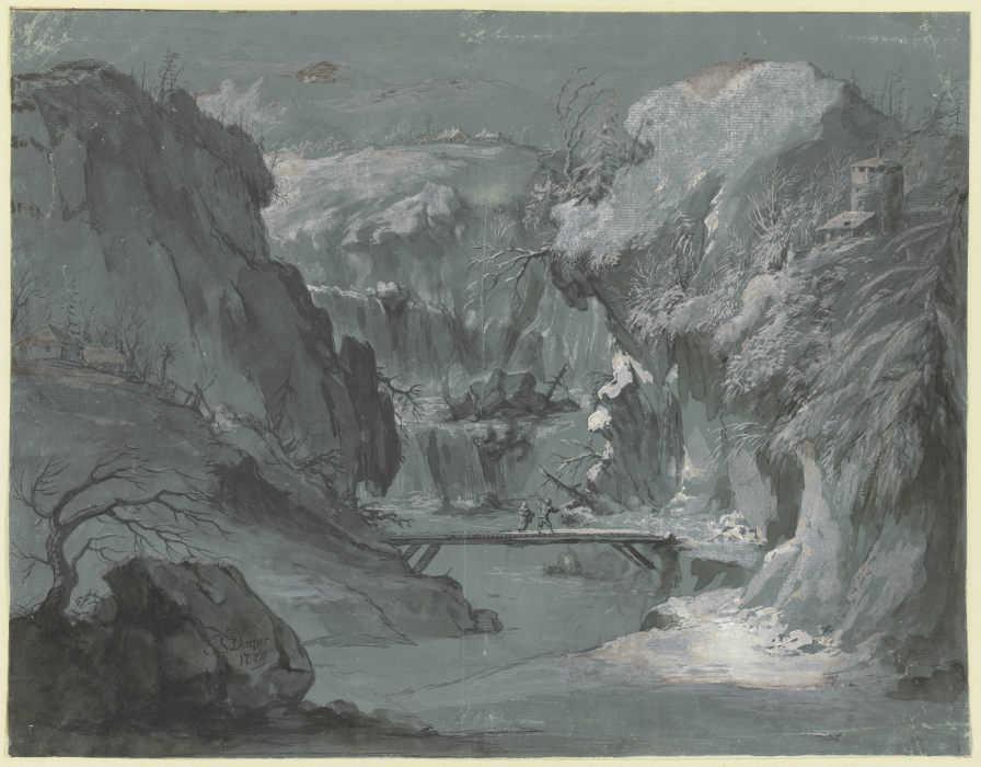 Tiefe Gebirgsschlucht mit einem Wasserfall, in der Mitte ein Steg, über den zwei Personen gehen de Johann Jakob Dorner d. Ä.