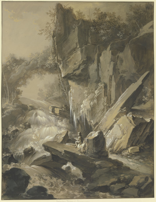 Wasserfall, im Vordergrund ein Maler de Johann Jakob Schillinger