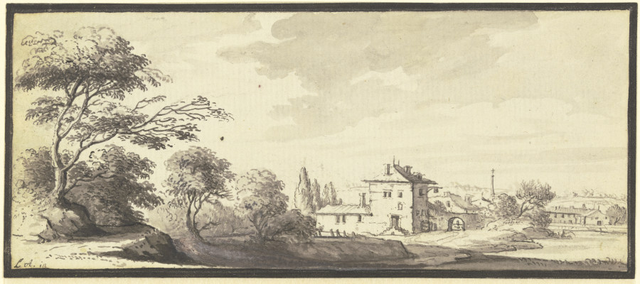 Landschaft mit Gebäuden am Wasser de Johann Ludwig Aberli