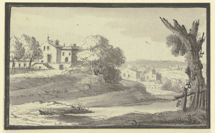 Landschaft mit Häusern auf einem Hügel am Wasser de Johann Ludwig Aberli