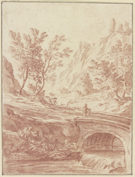 Baumbestandenes Tal, im Vordergrund ein Bach, über den eine Brücke führt de Johann Ludwig Ernst Morgenstern
