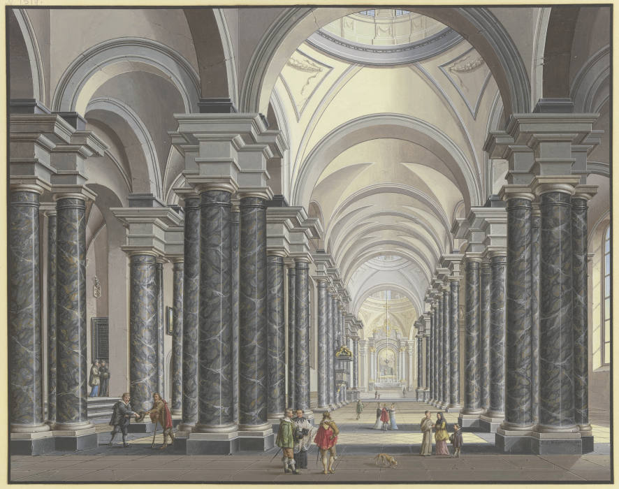 Blick in das Innere einer Barockkirche mit schwarzen Marmorsäulen und Staffagefiguren in der Tracht  de Johann Ludwig Ernst Morgenstern