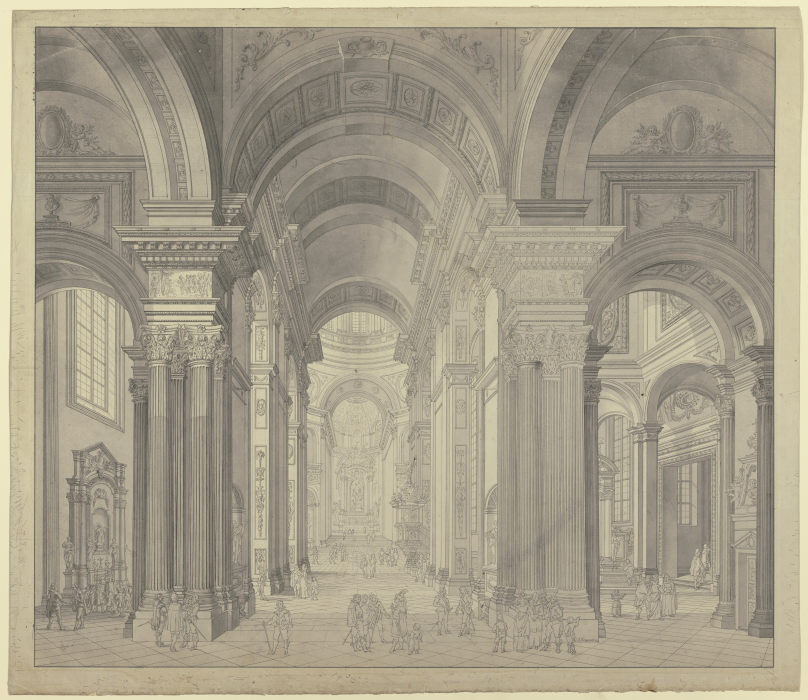 Blick in das Innere einer Barockkirche mit Staffagefiguren in der Tracht des 17. Jahrhunderts de Johann Ludwig Ernst Morgenstern