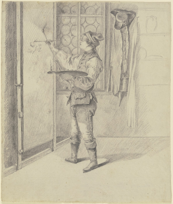 Junger Maler, ein Rollbild (Tapete) malend, bei Kerzenlicht de Johann Ludwig Ernst Morgenstern