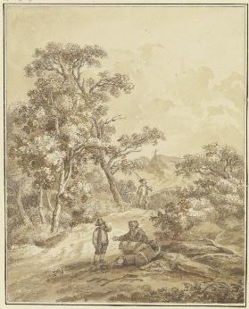 Waldweg mit einem Jäger, im Vordergrund eine Frau mit zwei Knaben, der eine schlafend