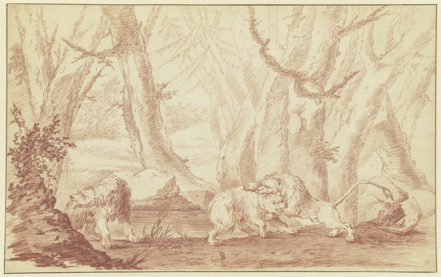 Zwei Bären, der eine von einem Löwen angegriffen de Johann Ludwig von Pfeiff