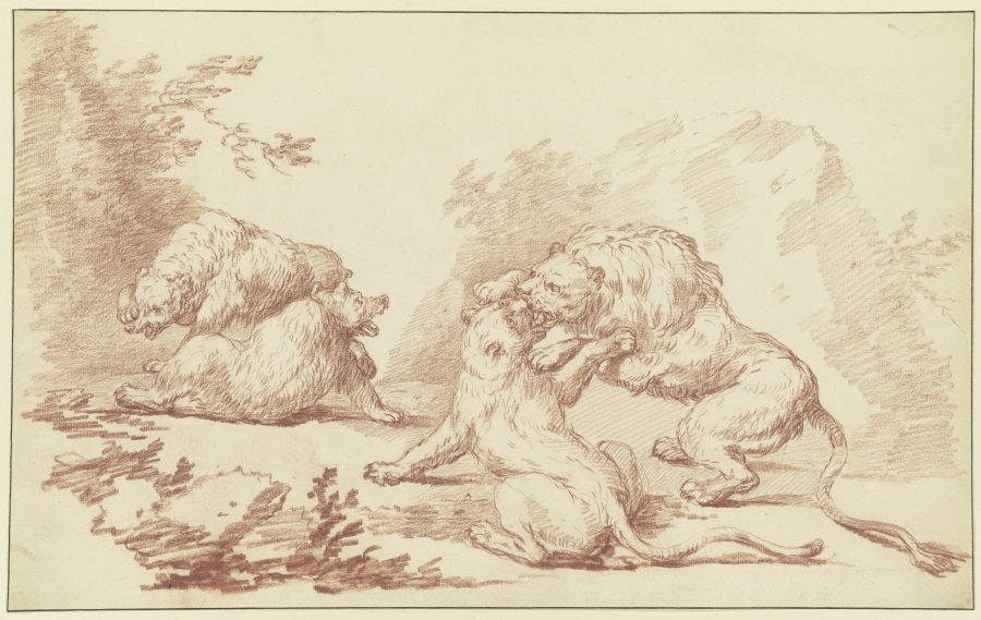 Zwei kämpfende Löwen und zwei kämpfende Bären de Johann Ludwig von Pfeiff