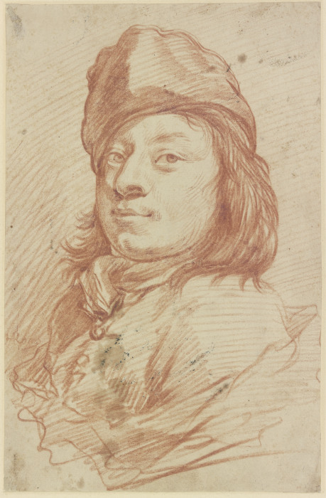 Brustbild eines Mannes mit Mütze und langem Haar im Dreiviertelprofil nach links de Johann Melchior Roos