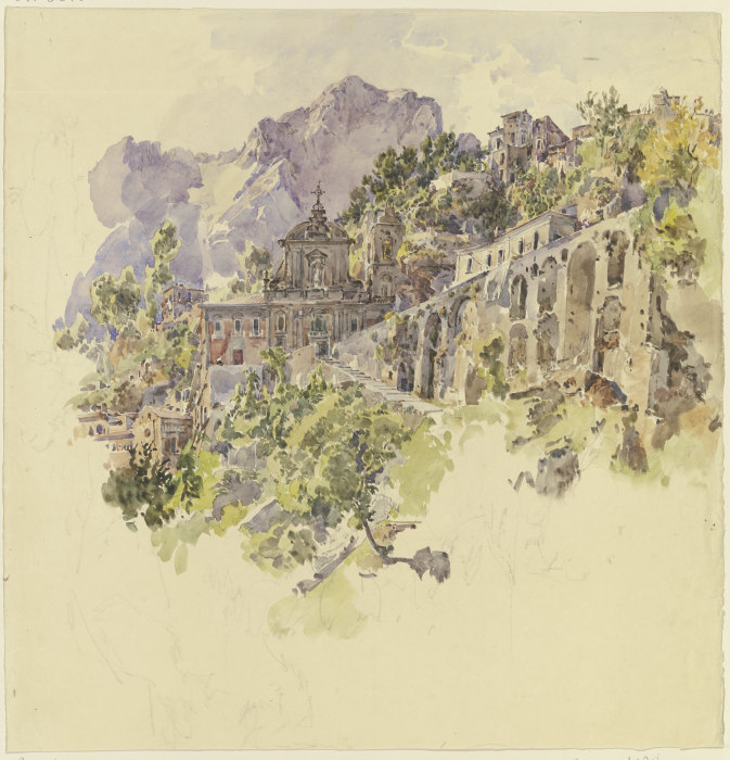 Kloster im Gebirge mit großen Terrassen und Treppen de Johann Nepomuk Rauch