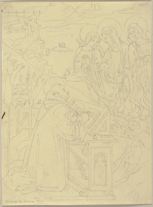 Ein Heiliger am Schreibpult hat eine Vision von der von zwei Engeln begleiteten Maria de Johann Ramboux