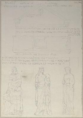 Grabmal des Bildhauers und Baumeisters Busketus im Dom zu Pisa sowie drei über dem Haupteingang zum 