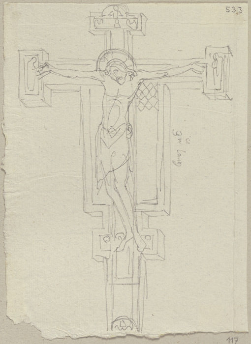 Kruzifix aus Holz, Entwurf desselben im Chor von Santa Chiara zu Assisi de Johann Ramboux