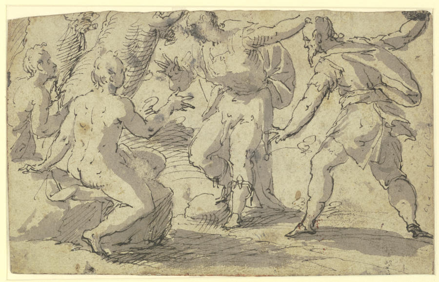 Zwei Nackte und zwei Bekleidete in lebhafter Unterhaltung (VErspottung Hiobs?) de Johann Rottenhammer