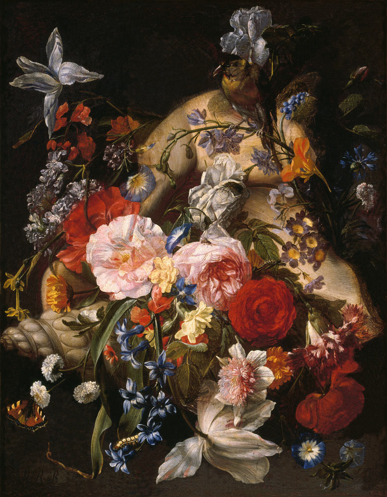 Stillleben mit Blumen in einer exotischen Muschel de Johann Rudolf Byss
