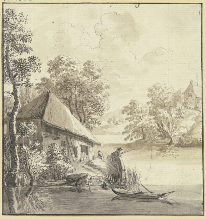 Bauernhaus am Wasser, davor ein Angler de Johann Ulrich Schellenberg
