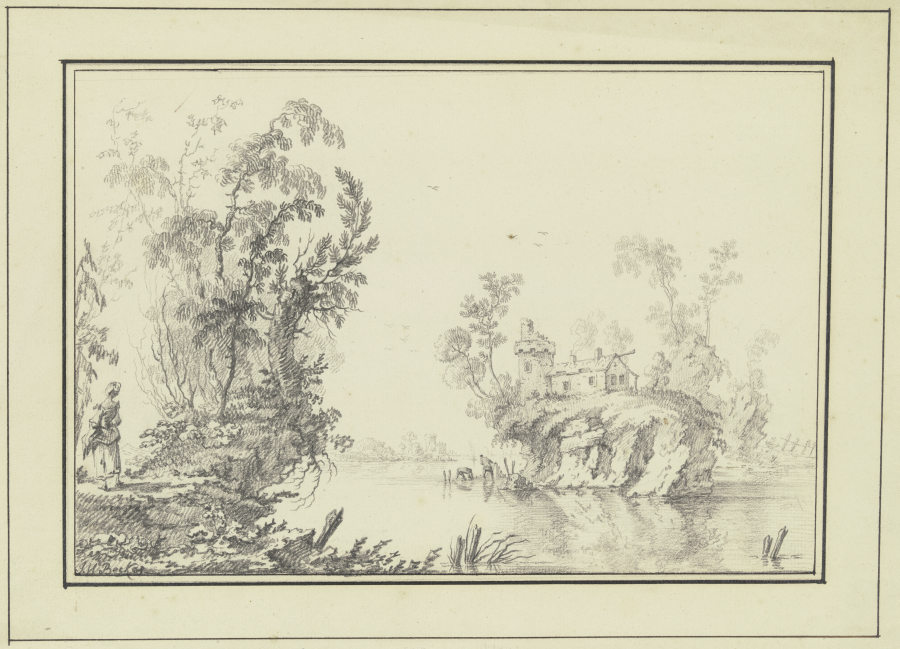 Ein Fluß, darin eine Felseninsel mit Turm, Haus und Bäumen de Johann Wilhelm Becker