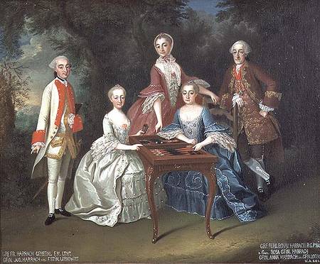 Group portrait of the Harrach family playing backgammon including General Count Ferdinand Harrach, C de Johann Wilhelm Hoffnas or Hofnaas