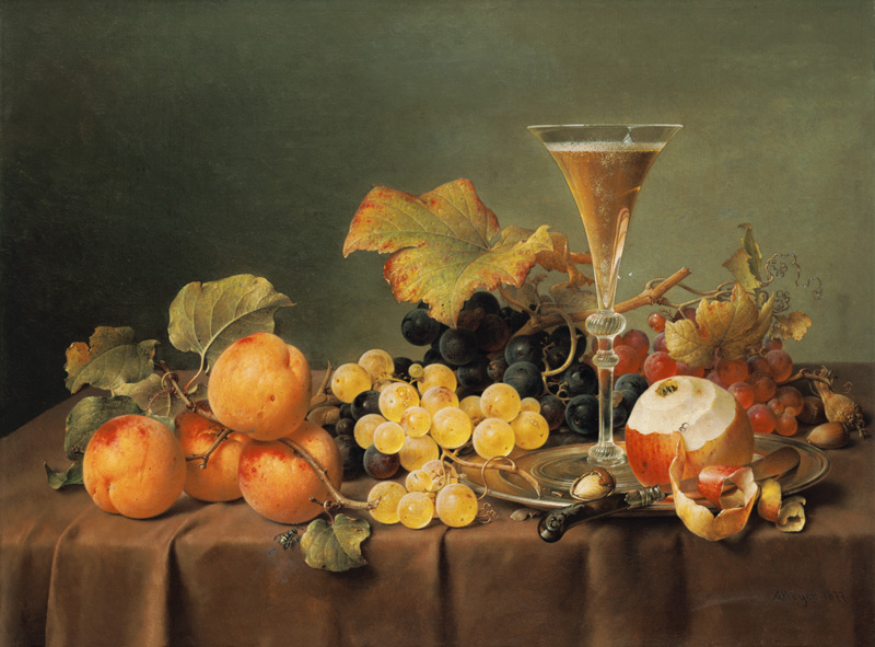 Früchtestilleben with champagne glass. de Johann Wilhelm Preyer