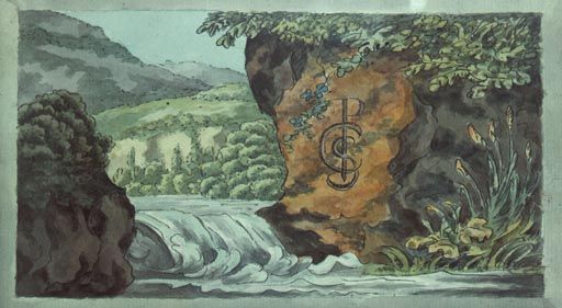 Berglandschaft mit Stromschnelle und Initialen der Empfaengerin des Stammbuches de Johann Wolfgang von Goethe