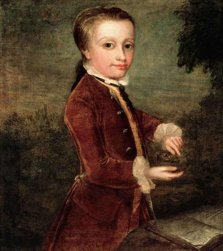 Portrait of Wolfgang Amadeus Mozart (1756-91) aged eight, holding a bird's nest de Johann Zoffany