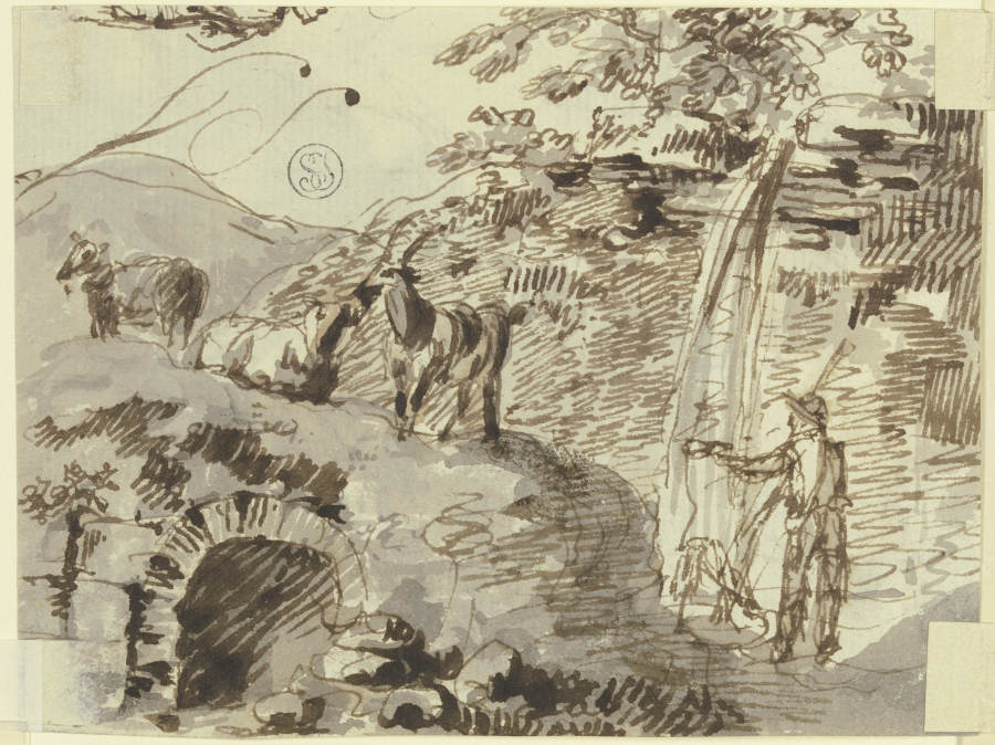 Ein Hirte mit drei Ziegen, Wassser schöpfend de Johann Andreas Herrlein