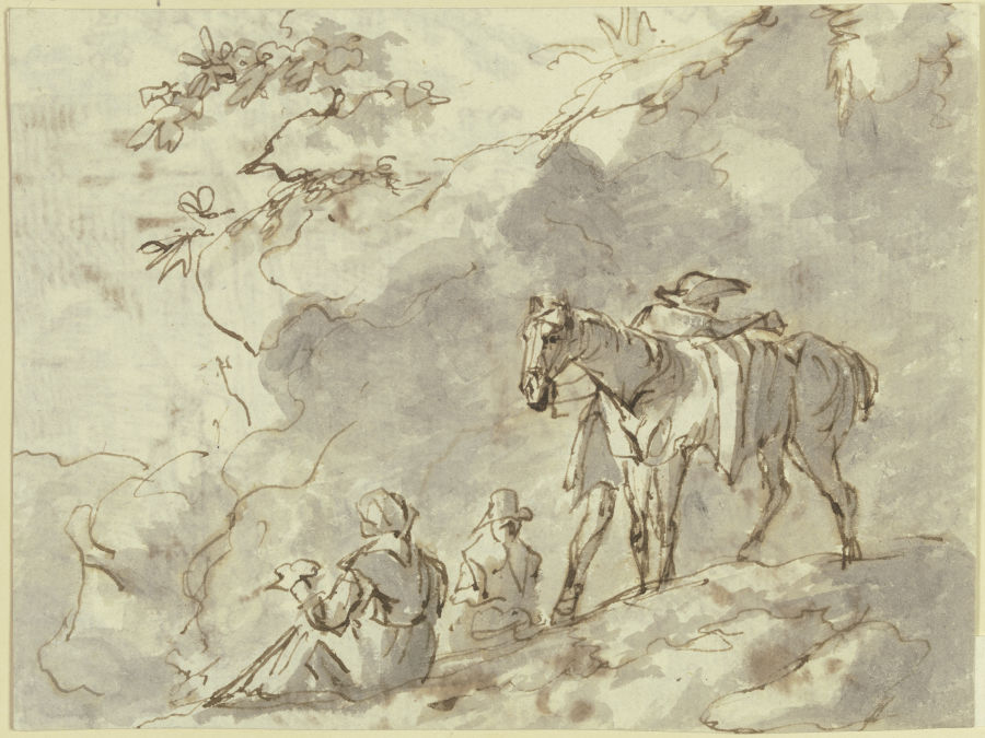 Felshang, davor ein Pferd, dem ein Reiter aufsitzen will, am Boden zwei sitzende Figuren de Johann Andreas Herrlein