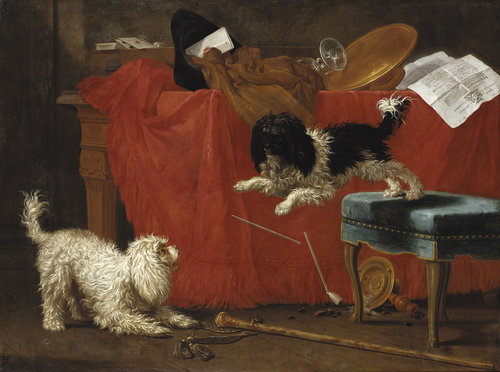 Stillleben mit zwei spielenden Schoßhunden de Johann Anton und Jodokus Matthias Kappers