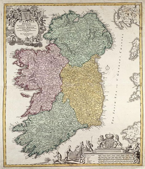 Map of Ireland showing the Provinces of Ulster, Munster, Connaught and Leinster, Johann B. Homann, c de Johann Baptist Homann