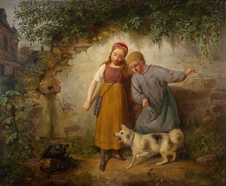 Zwei Kinder mit einem Spitz de Johann Baptist Zwecker