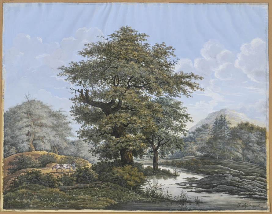 Baumreiche Landschaft, in der Mitte eine Eiche am Ufer eines Flusses de Johann David Passavant