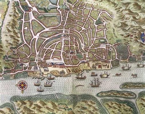 Map of the City and Portuguese Port of Goa, India, detail of port and merchant shipping, 1595 (engra de Johannes Baptista van, the Younger Doetechum