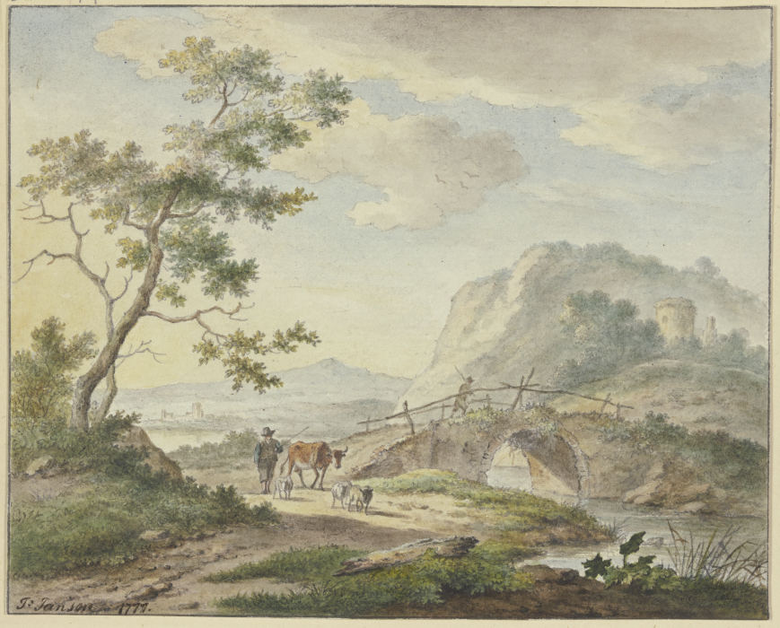 Über eine steinerne Brücke geht ein Mann, auf dem Weg ein Bauer mit einer Kuh und Schafen de Johannes Christiaan Janson