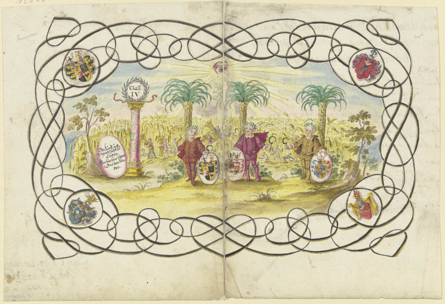 Drei Knaben, ein Wappen haltend, stehen unter Palmen vor einem Kornfeld, das abgeerntet wird de Johannes Esaias Nilson