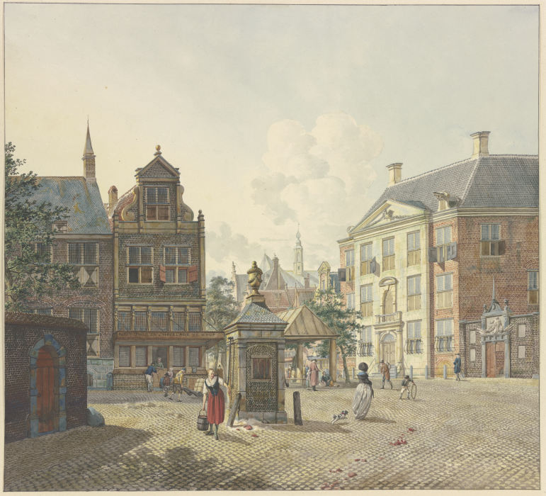 Auf einem freien Platz ein Brunnenhaus, dabei eine Magd in rotem Rock und mit einem Eimer de Johannes Huibert Prins