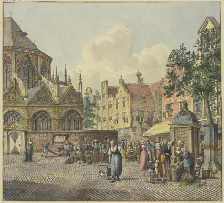 Links der Chor einer Kirche, rechts ein Brunnenhaus, mit Gemüseverkäuferinnen de Johannes Huibert Prins