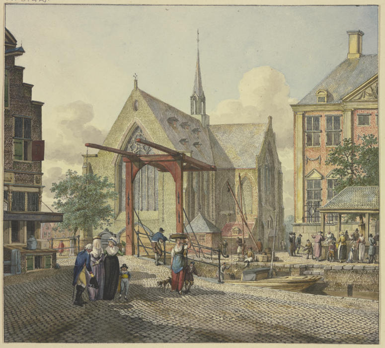 Schleusentor bei einer Kirche, links eine verschleierte Dame, ein Offizier und eine Dame mit einem K de Johannes Huibert Prins