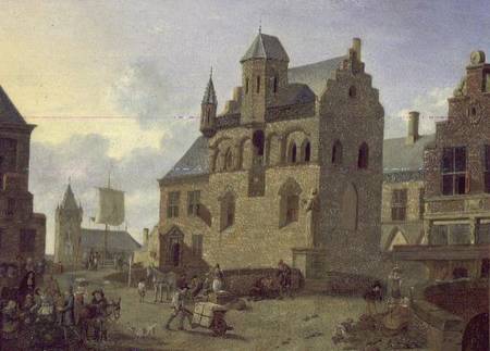 Town square with figures and peasants trading in a market place (panel) de Johannes Huibert Prins