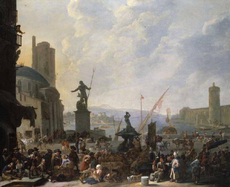Ein Capriccio eines mediterranen Hafens mit zahlreichen Figuren, Berninis Triton-Brunnes und ein Cap de Johannes Lingelbach