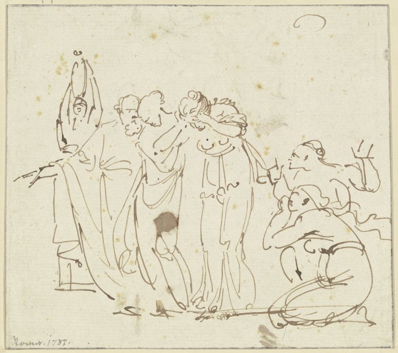Ungedeutete Szene: Ein bärtiger Mann schreitet mit zwei betrübten Frauen nach links, rechts zwei kni de Johann Georg Schütz