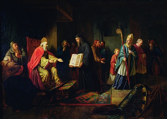 Vladimir Svyatoslavich the Great choosing the religion in 987 de Johann Leberecht Eggink